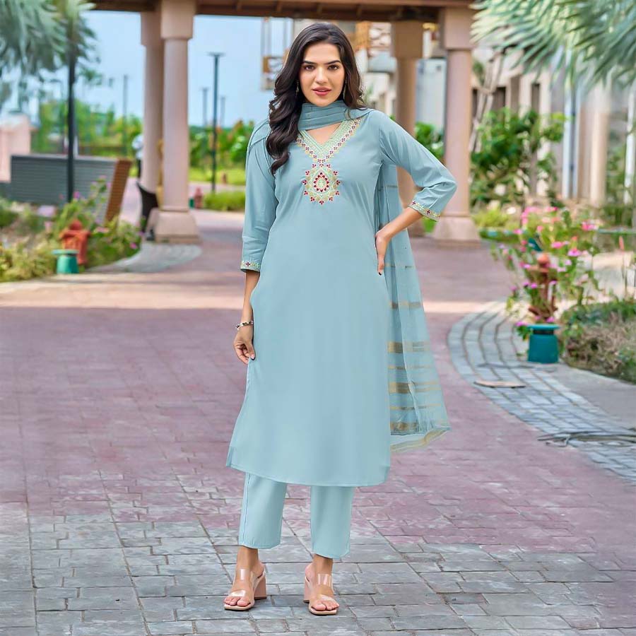 Sky Blue Roman Silk  Casual Wear Salwar Kameez