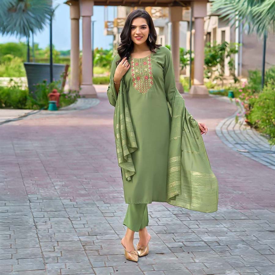 Green  Roman Silk  Casual Wear Salwar Kameez