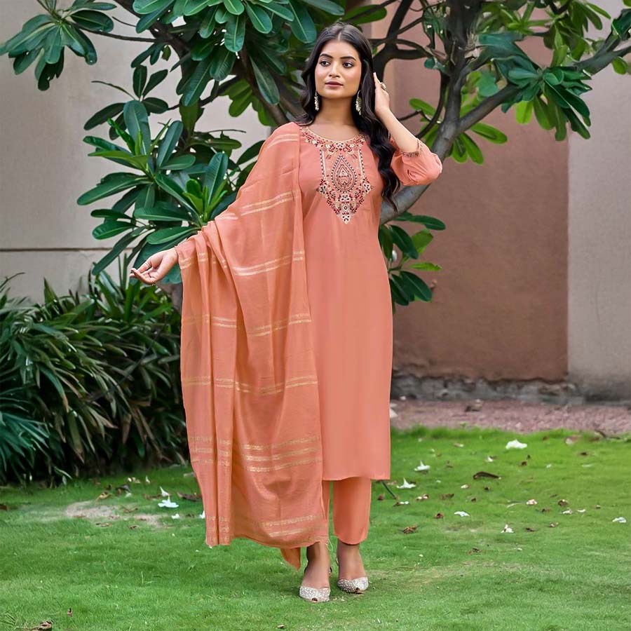 Orange  Roman Silk  Casual Wear Salwar Kameez