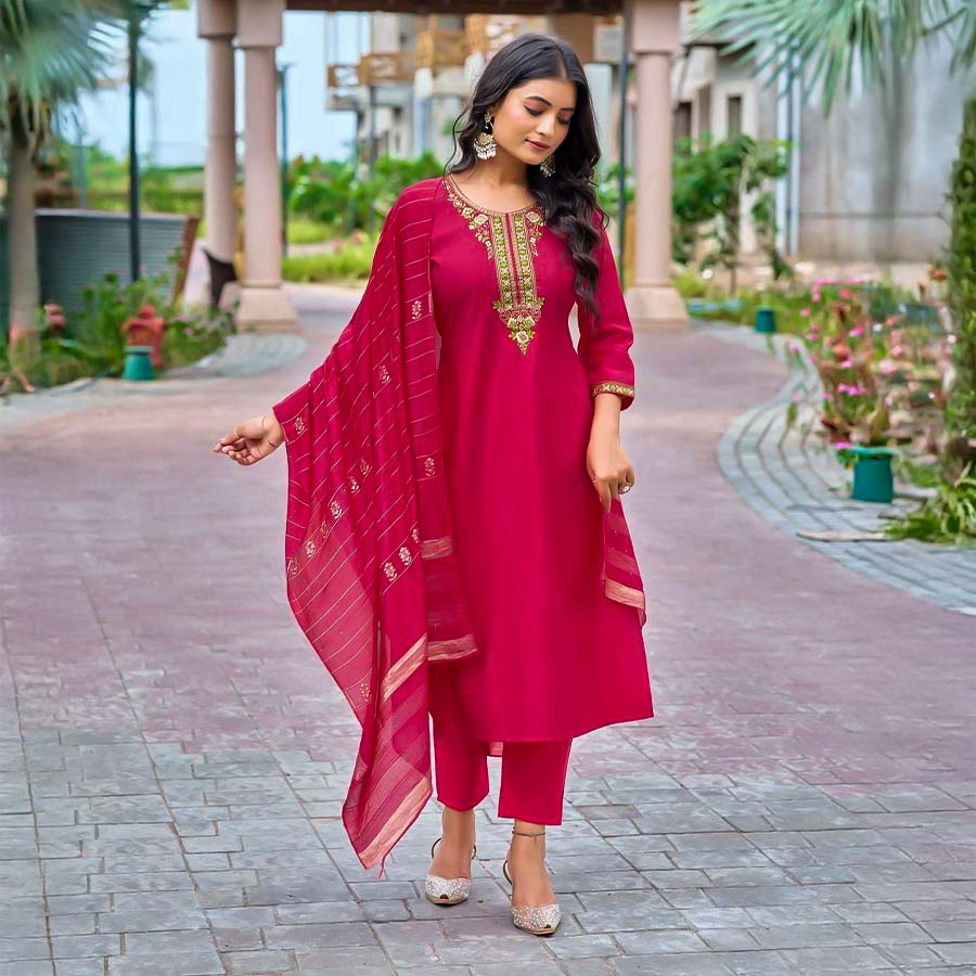 Red  Roman Silk  Casual Wear Salwar Kameez