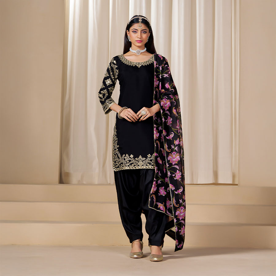 Black  Chanderi Silk Casual Wear Salwar Kameez