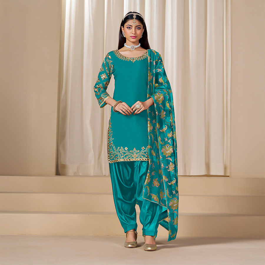 Cyan  Chanderi Silk Casual Wear Salwar Kameez