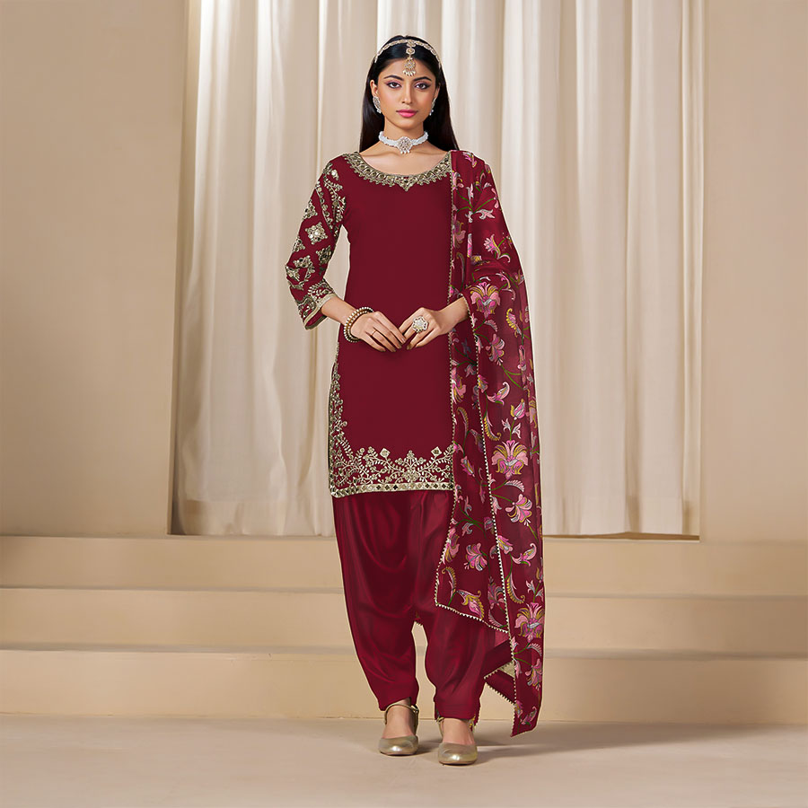 Red  Chanderi Silk Casual Wear Salwar Kameez