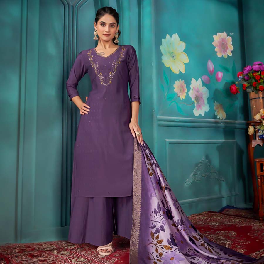 Violet Catonics Viscose Shimmer Party Wear Salwar Kameez