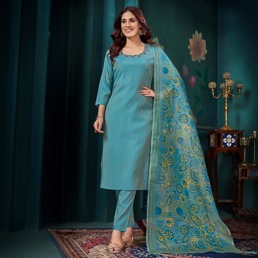 Blue Catonics Viscose Shimmer Party Wear Salwar Kameez