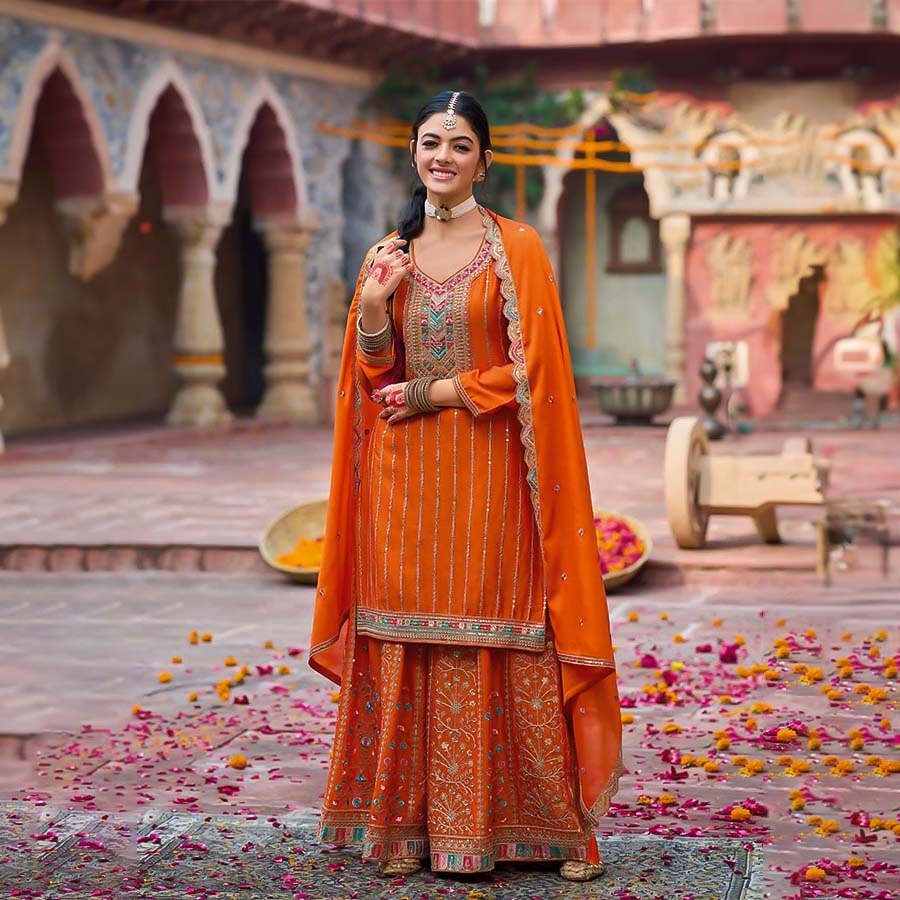 Orange  Chinon  Designer Salwar Kameez