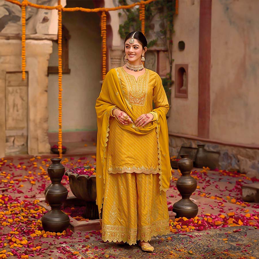 Yellow Chinon Silk Designer Salwar Kameez