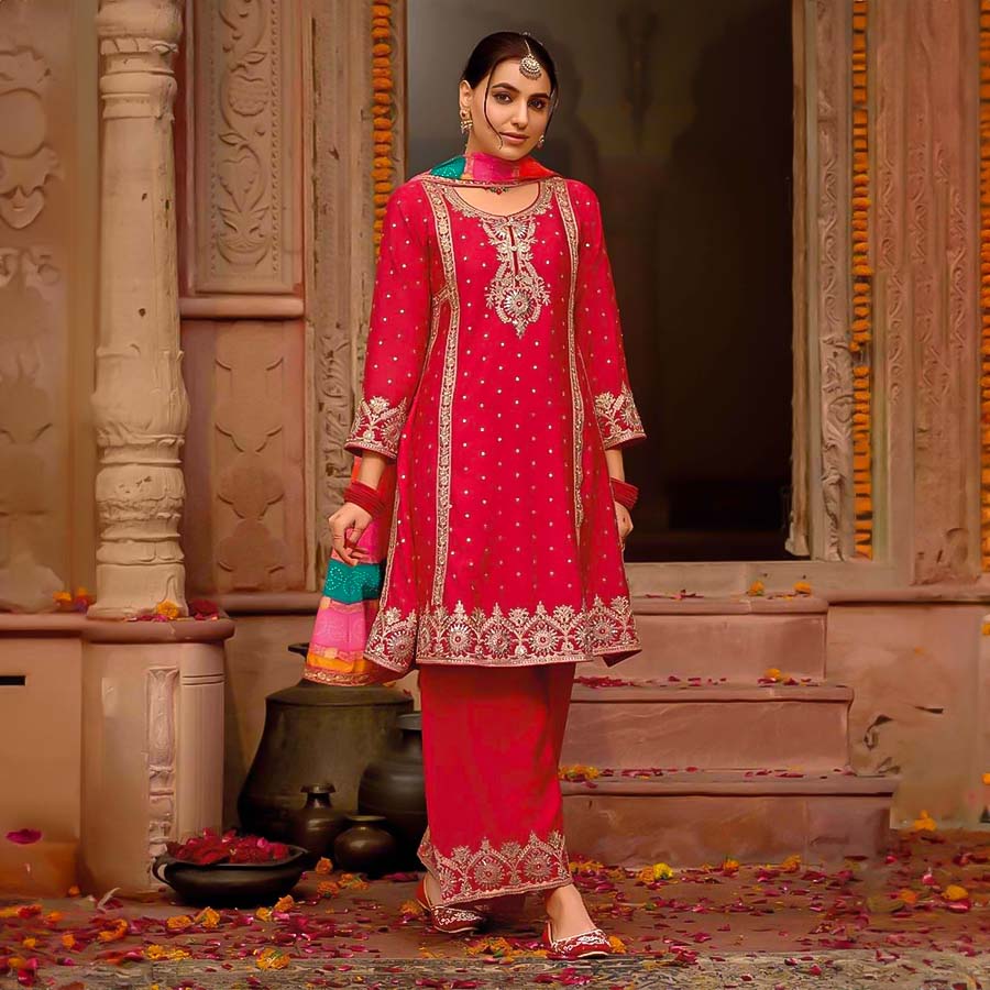 Red  Chinon Party Wear Salwar Kameez