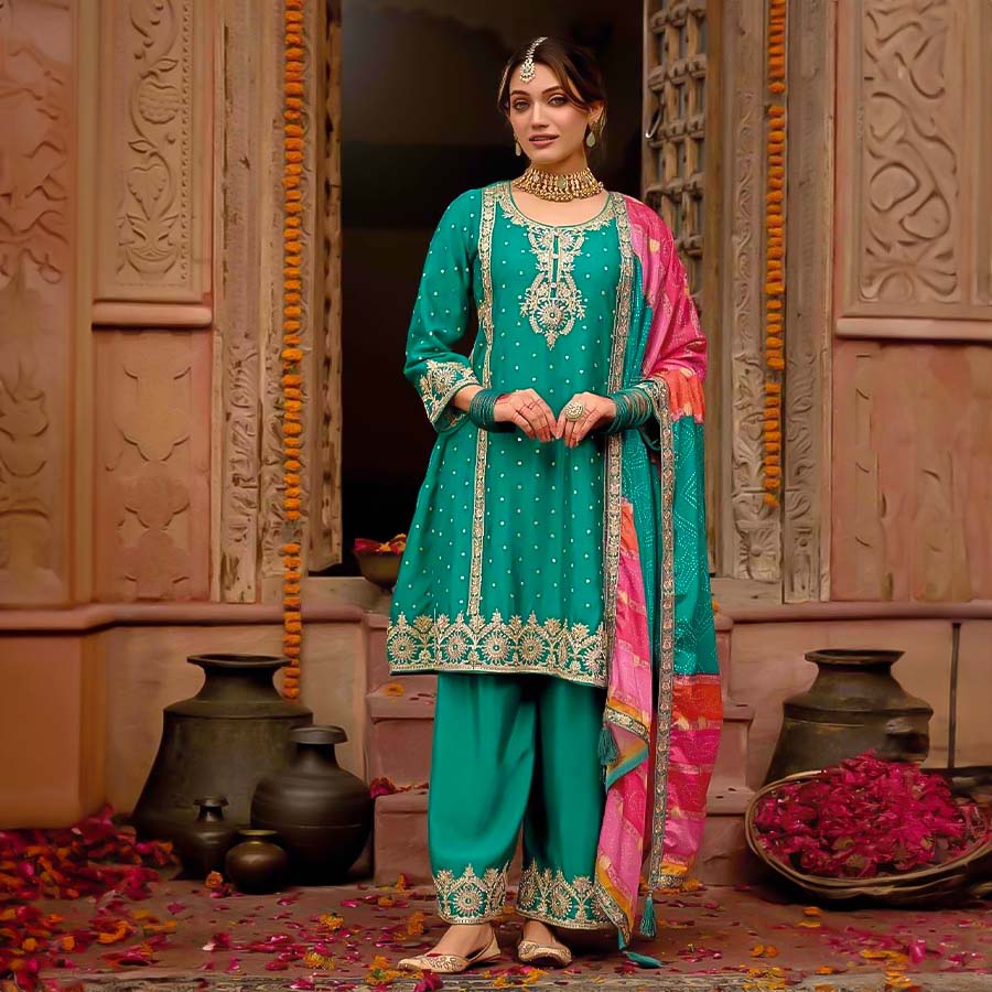 Green  Chinon Party Wear Salwar Kameez