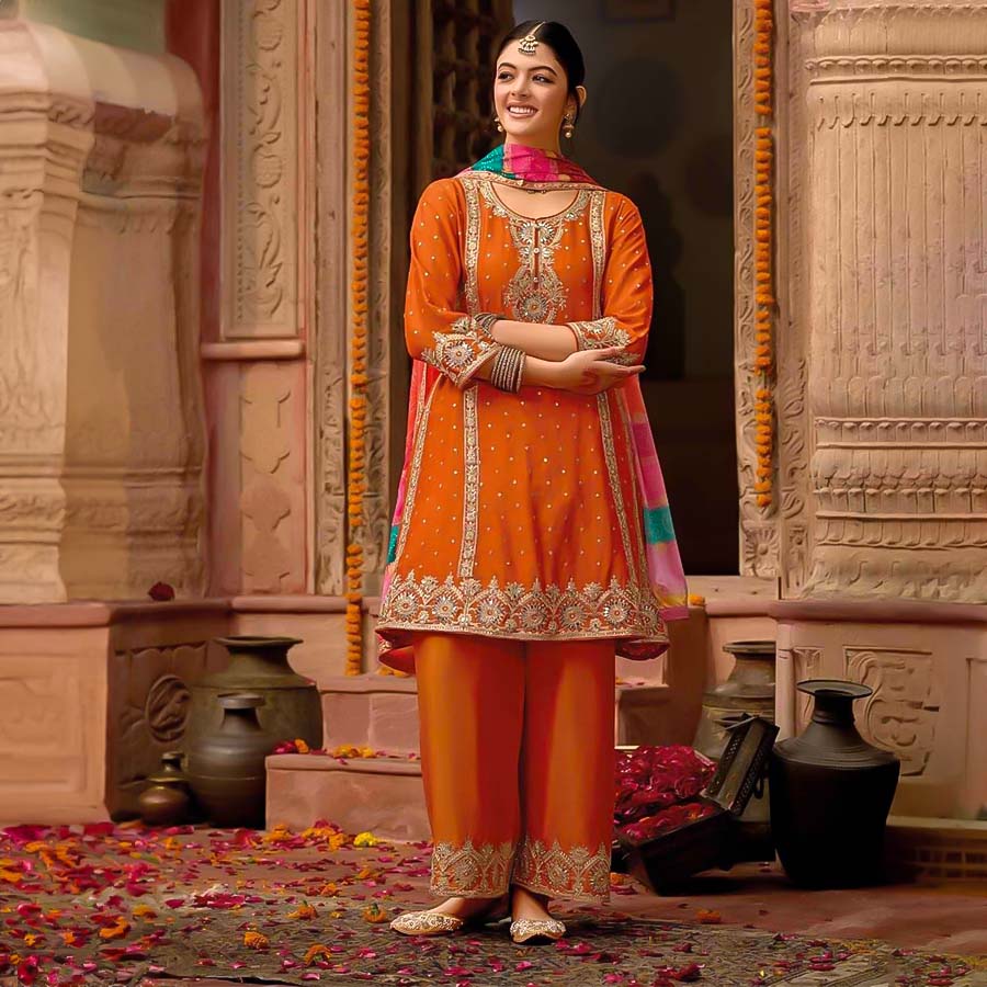 Orange Chinon Party Wear Salwar Kameez