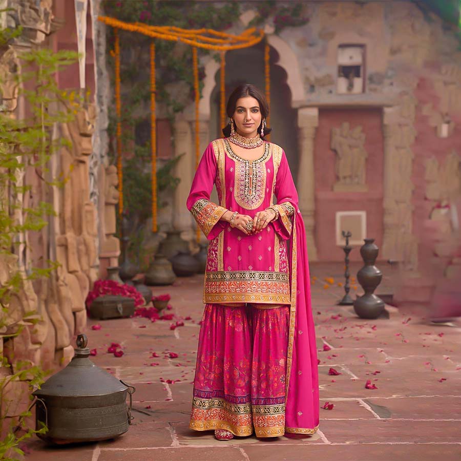 Magenta  Chinon Designer Salwar Kameez