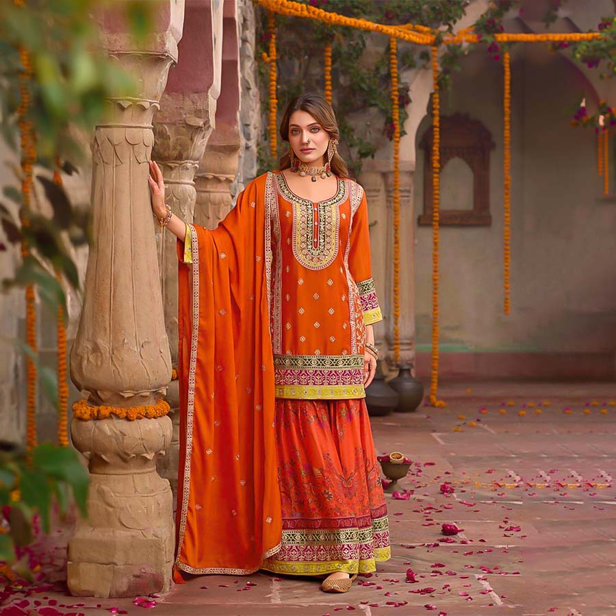 Orange Chinon Designer Salwar Kameez