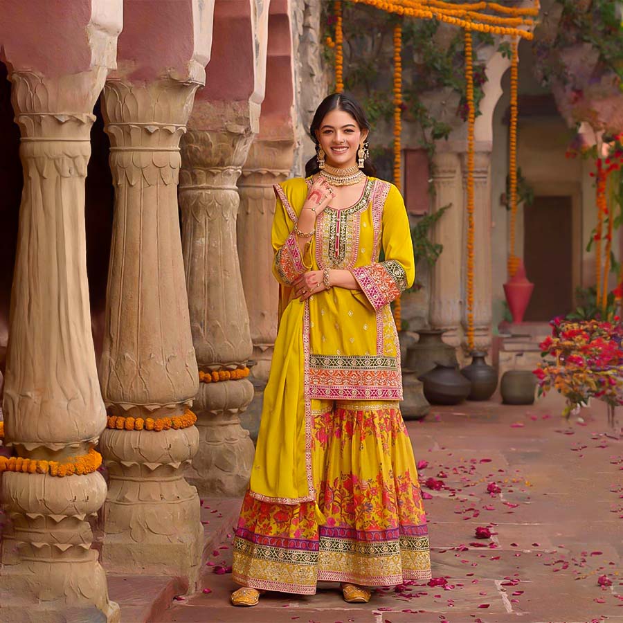 Yellow  Chinon Designer Salwar Kameez