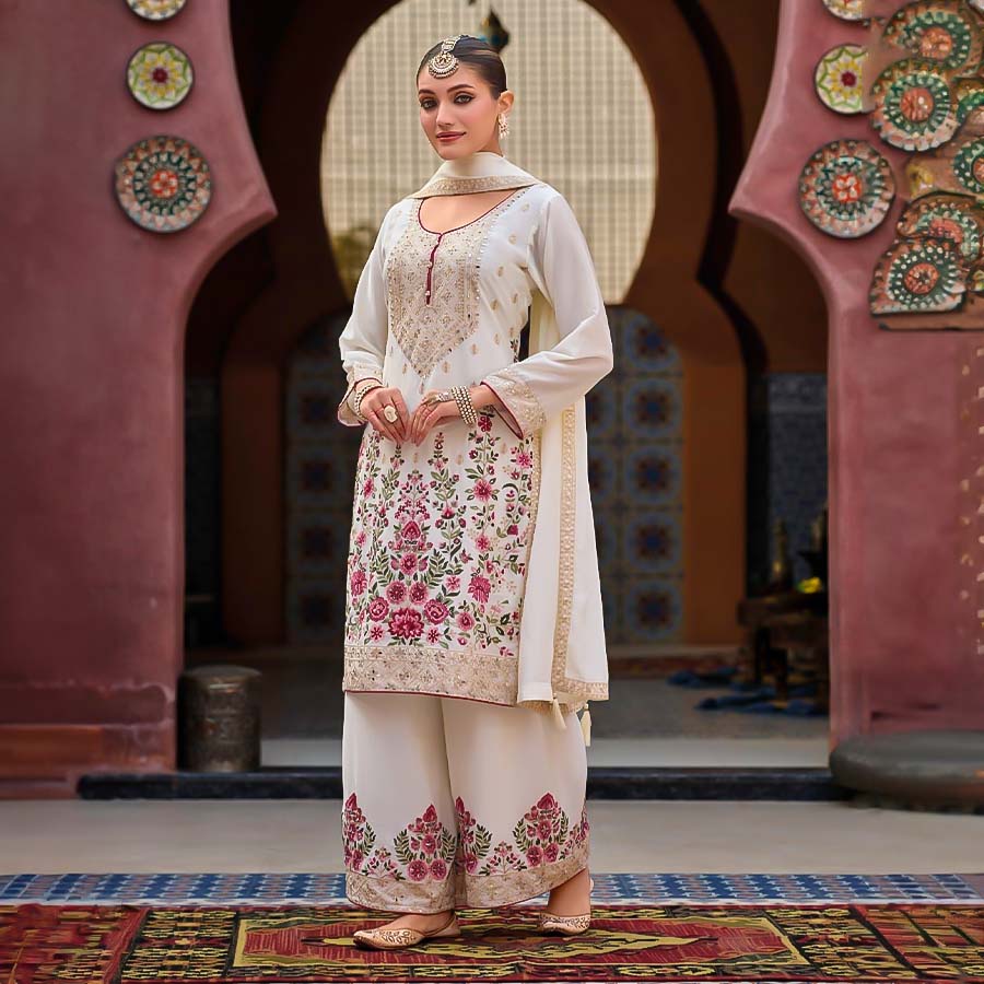 White Chinon Party Wear Salwar Kameez