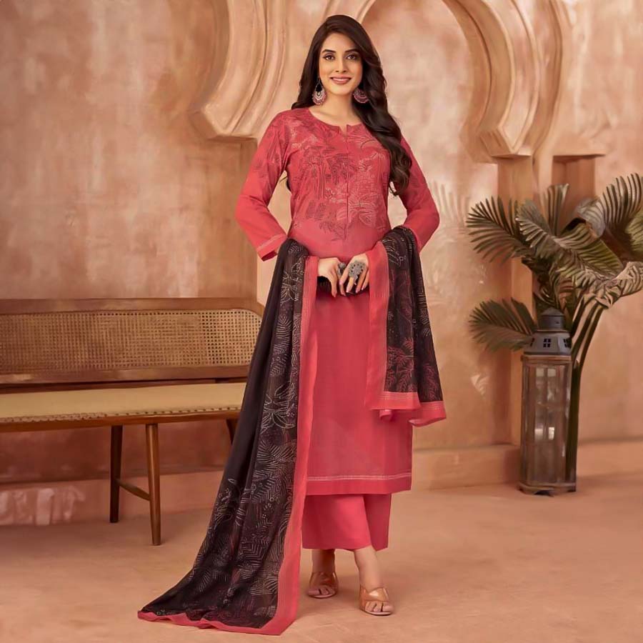 Red Cambric Cotton Casual Wear Salwar Kameez