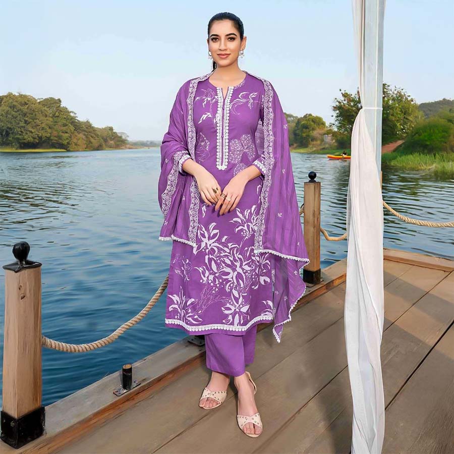 Purple Cotton Casual Wear Salwar Kameez