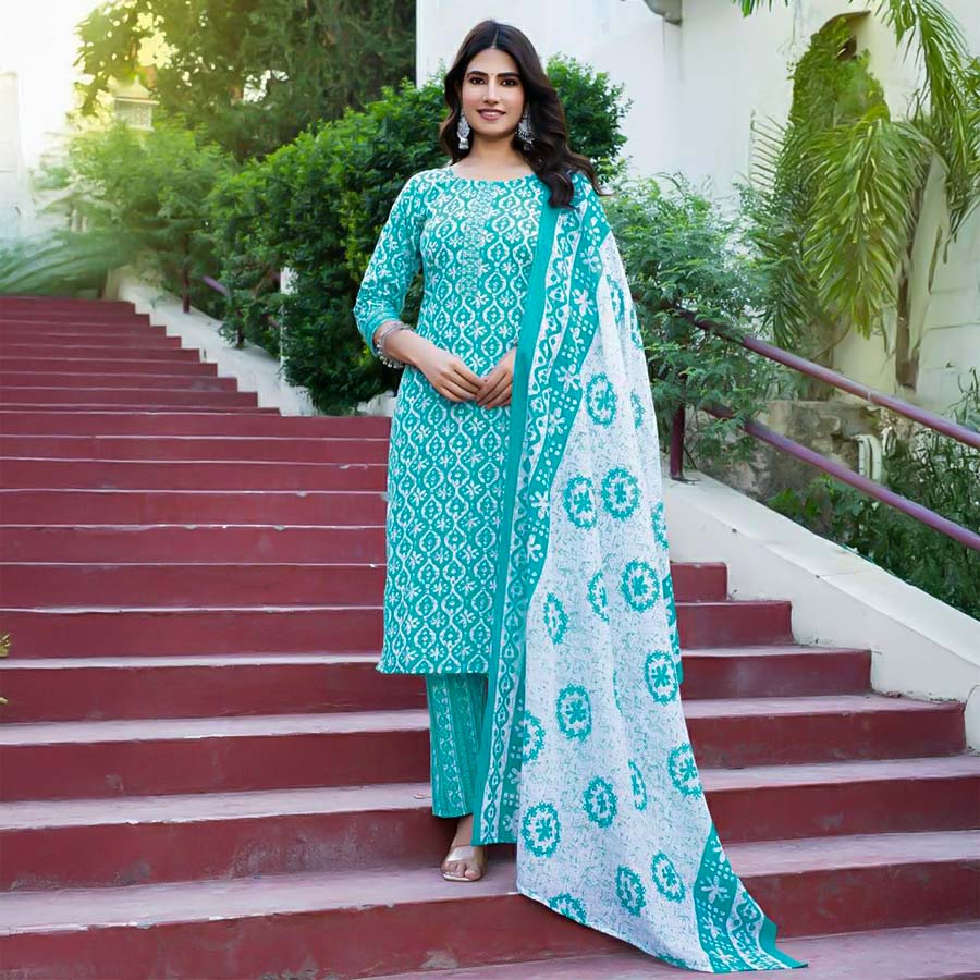 Cyan  Cotton Casual Wear Salwar Kameez