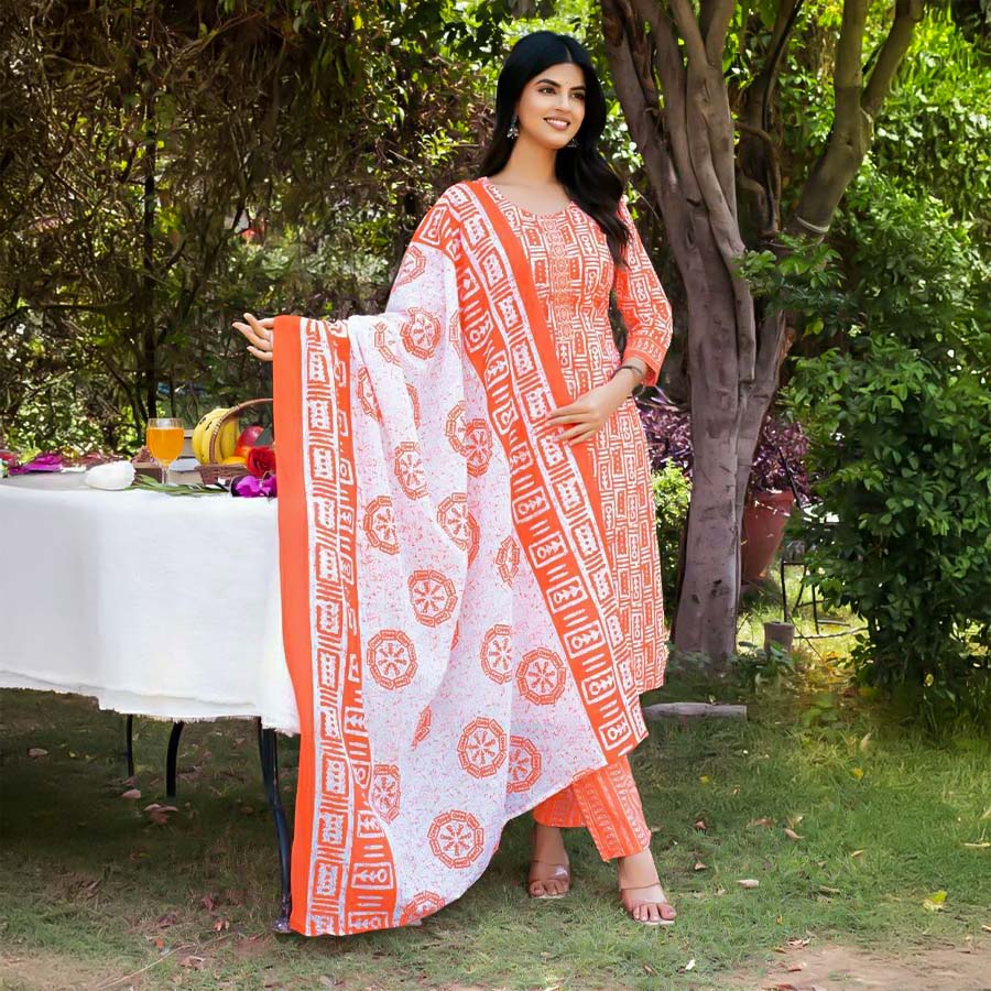 Orange  Cotton Casual Wear Salwar Kameez