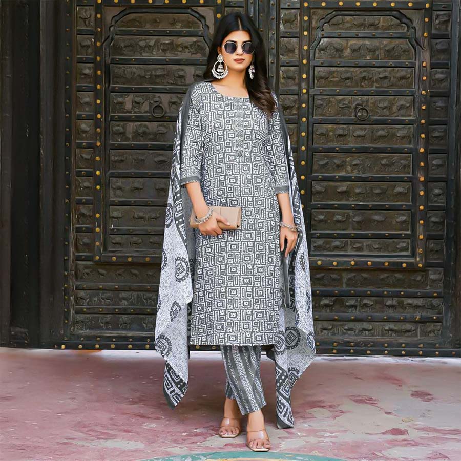 Grey  Cotton Casual Wear Salwar Kameez