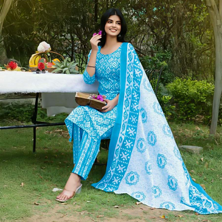 Blue Cotton Casual Wear Salwar Kameez