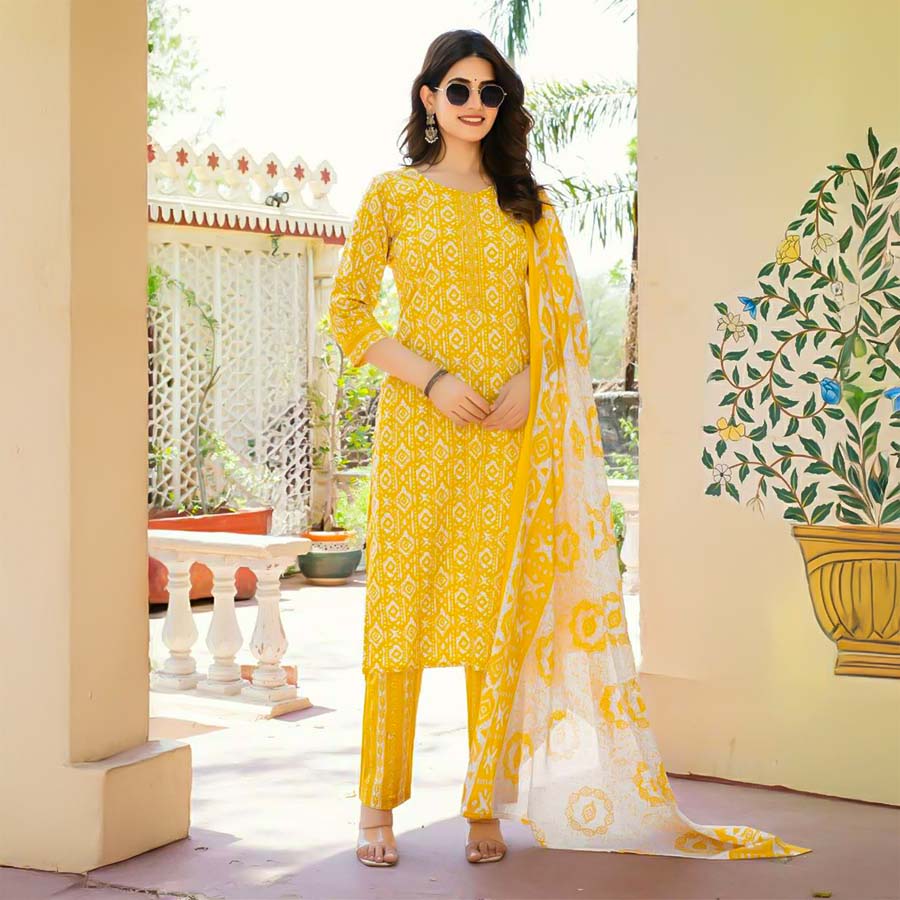 Yellow Cotton Casual Wear Salwar Kameez