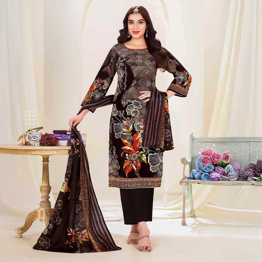 Brown Cotton Printed Salwar Kameez
