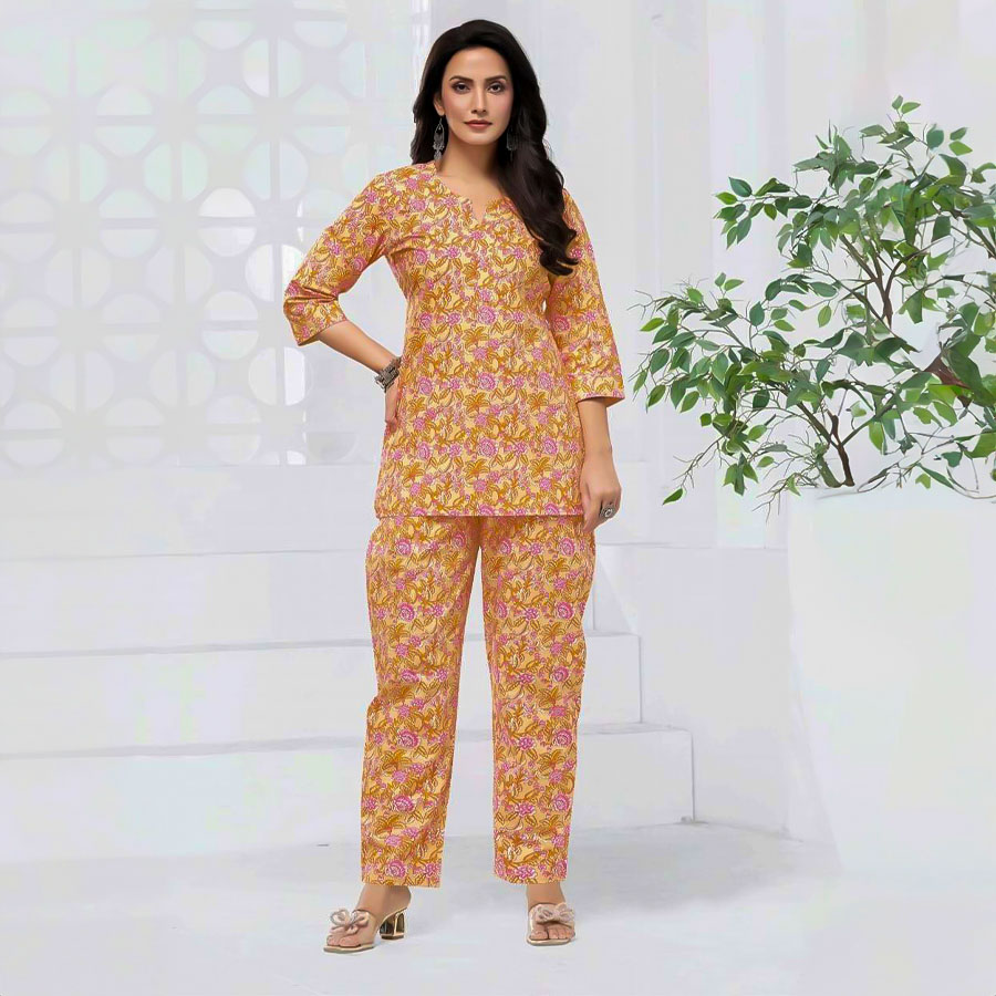 Orange Cotton Printed Kurti