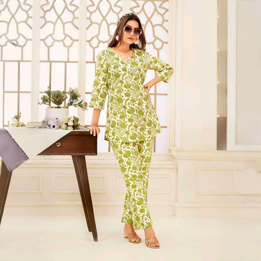 Green  Cotton Printed Kurti
