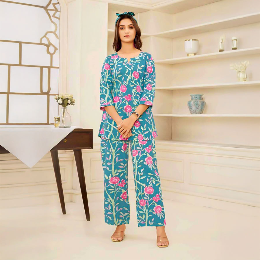 Blue  Cotton Printed Kurti