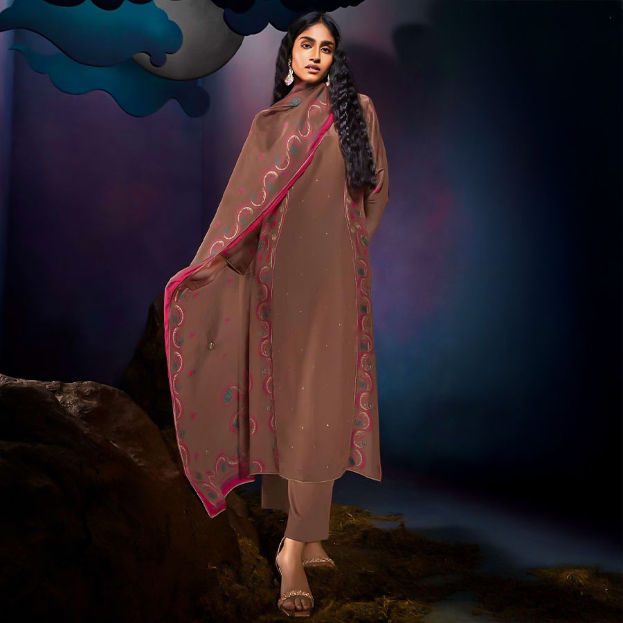 Brown Bemberg Silk Party Wear Salwar Kameez