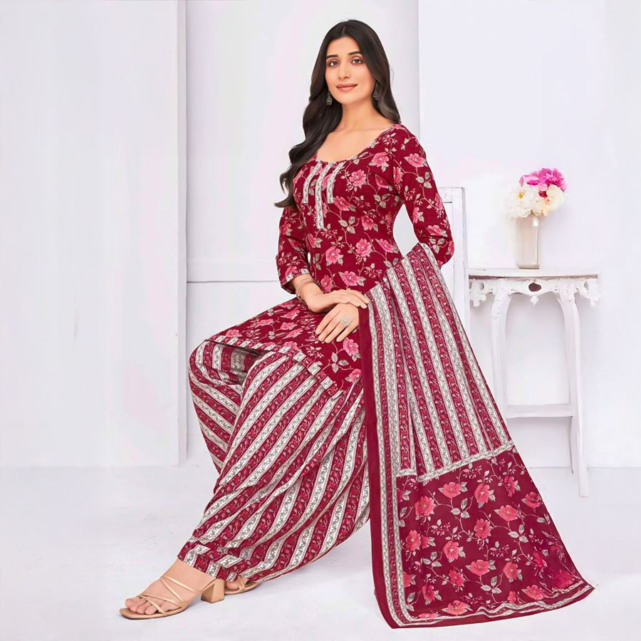 Red  Cotton Casual Wear Salwar Kameez