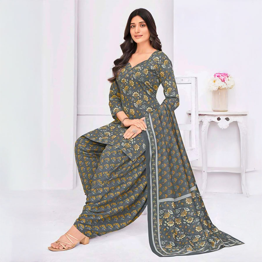 Grey  Cotton Casual Wear Salwar Kameez