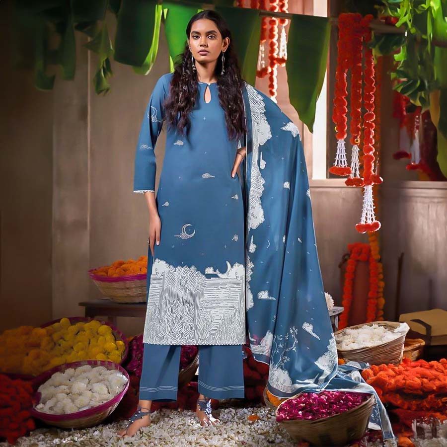 Blue Cotton Party Wear Salwar Kameez