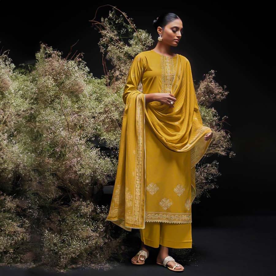 Yellow Cotton Party Wear Salwar Kameez