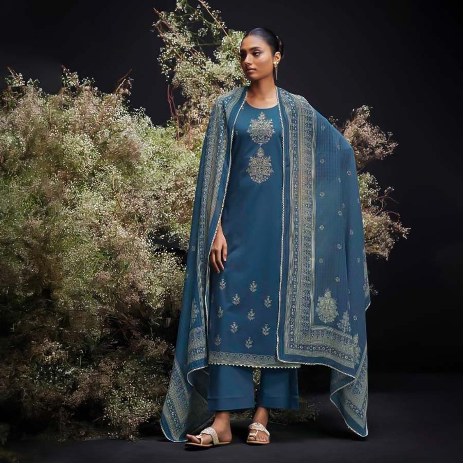 Blue Cotton Party Wear Salwar Kameez