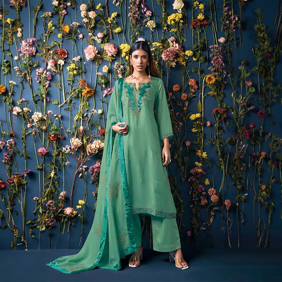 Green Silk Designer Suit