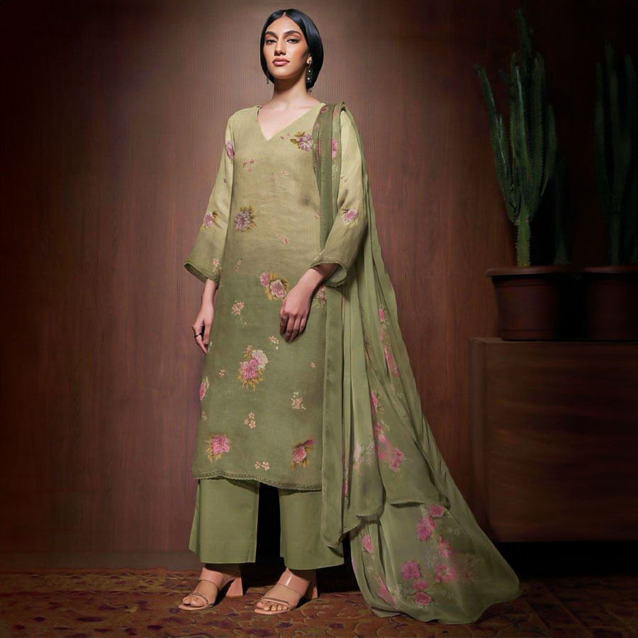 Green  Linen Party Wear Salwar Kameez