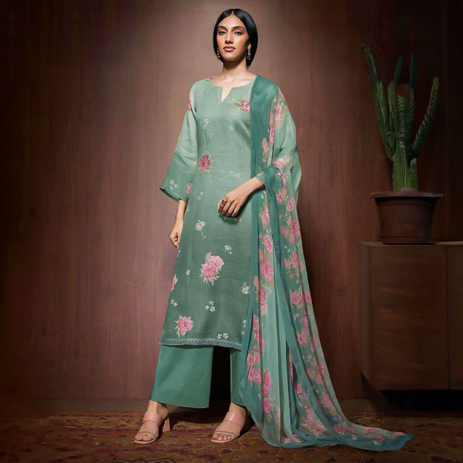 Green  Linen Party Wear Salwar Kameez