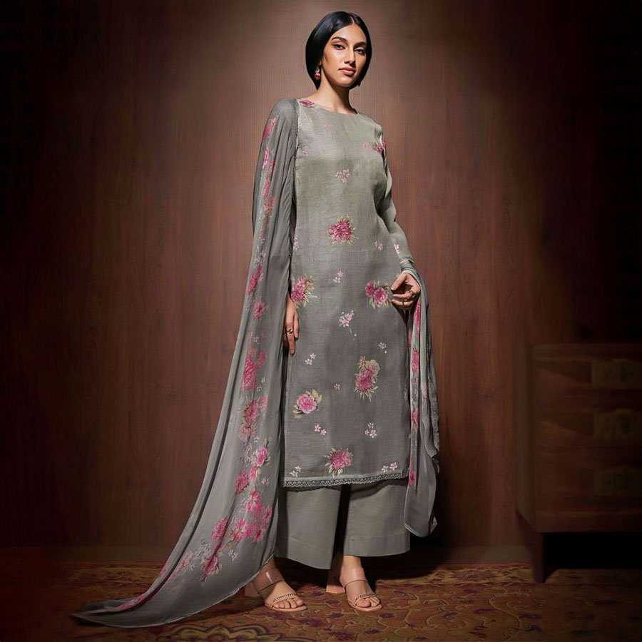 Grey Linen Party Wear Salwar Kameez