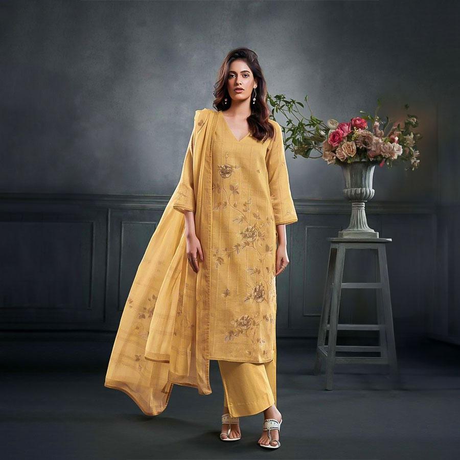 Yellow  Linen Cotton Party Wear Salwar Kameez