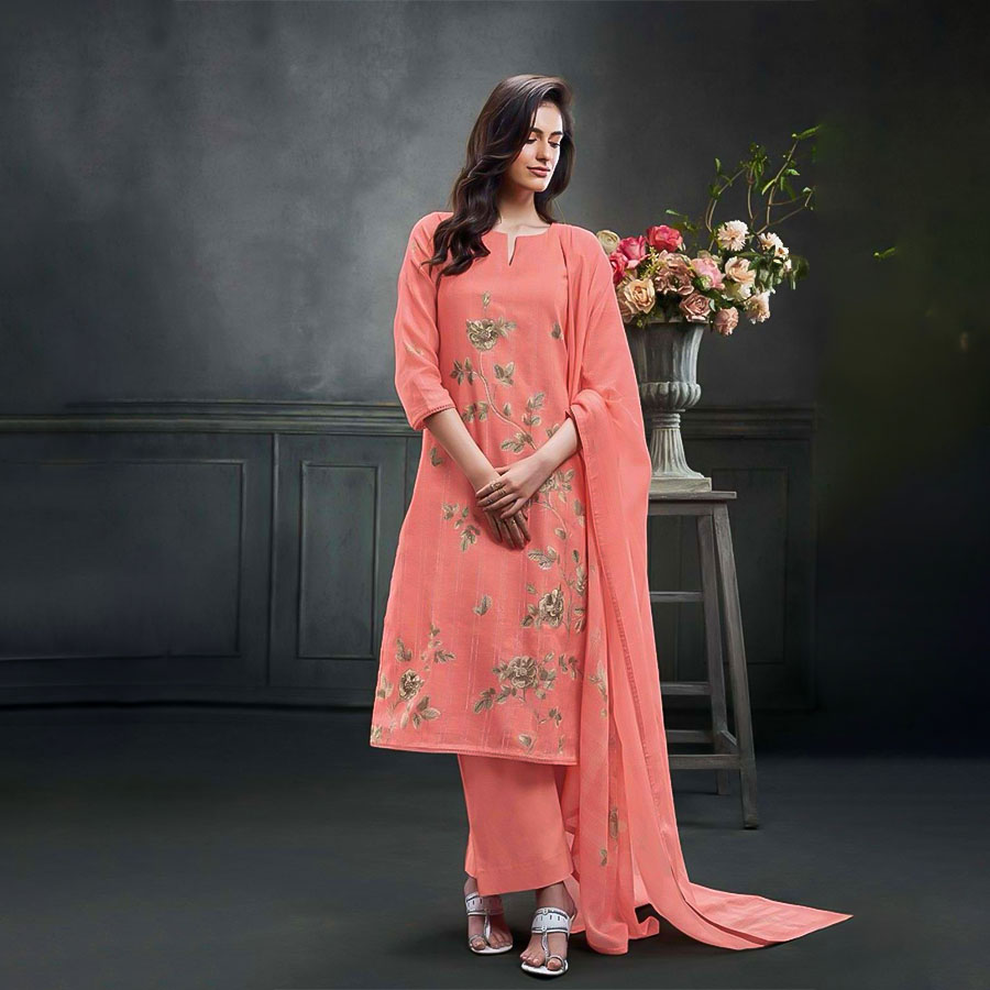 Orange Linen Cotton Party Wear Salwar Kameez