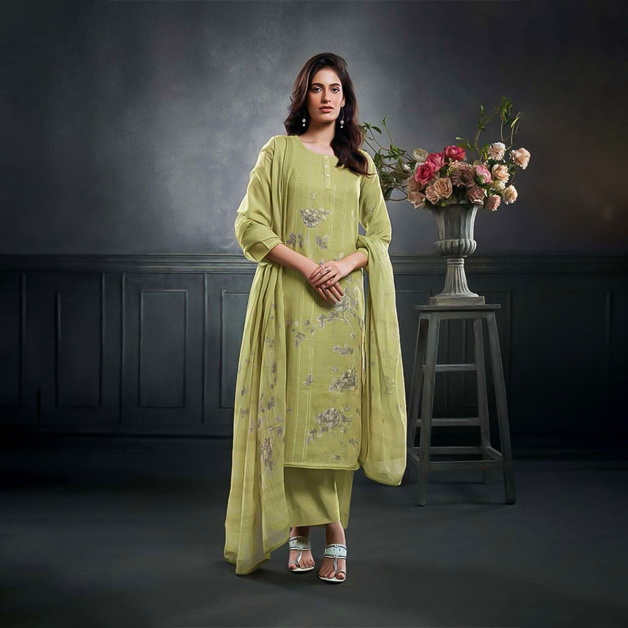 Green Linen Cotton Party Wear Salwar Kameez