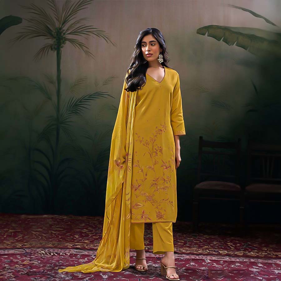 Yellow Cotton Satin Party Wear Salwar Kameez