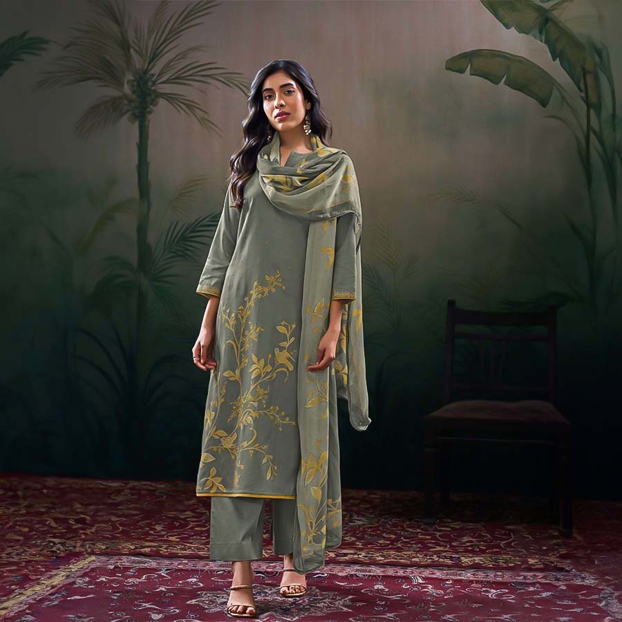 Grey Cotton Satin Party Wear Salwar Kameez