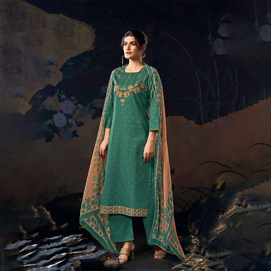 Green Cotton Partywear Suit