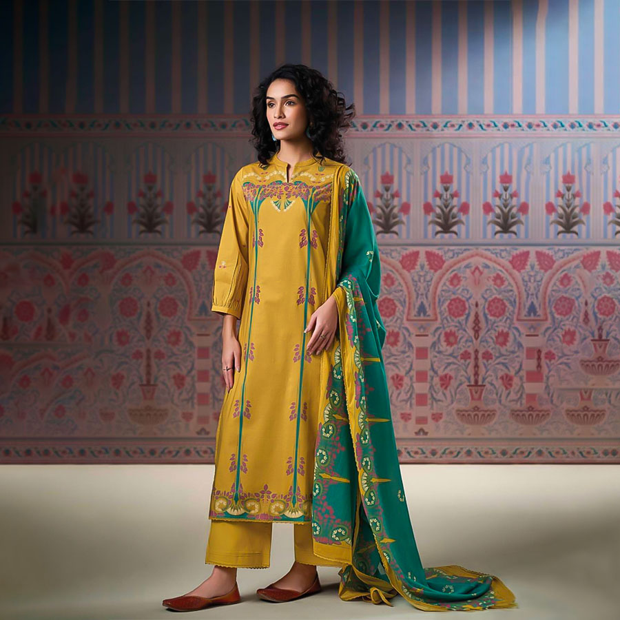 Yellow Cotton Party Wear Salwar Kameez