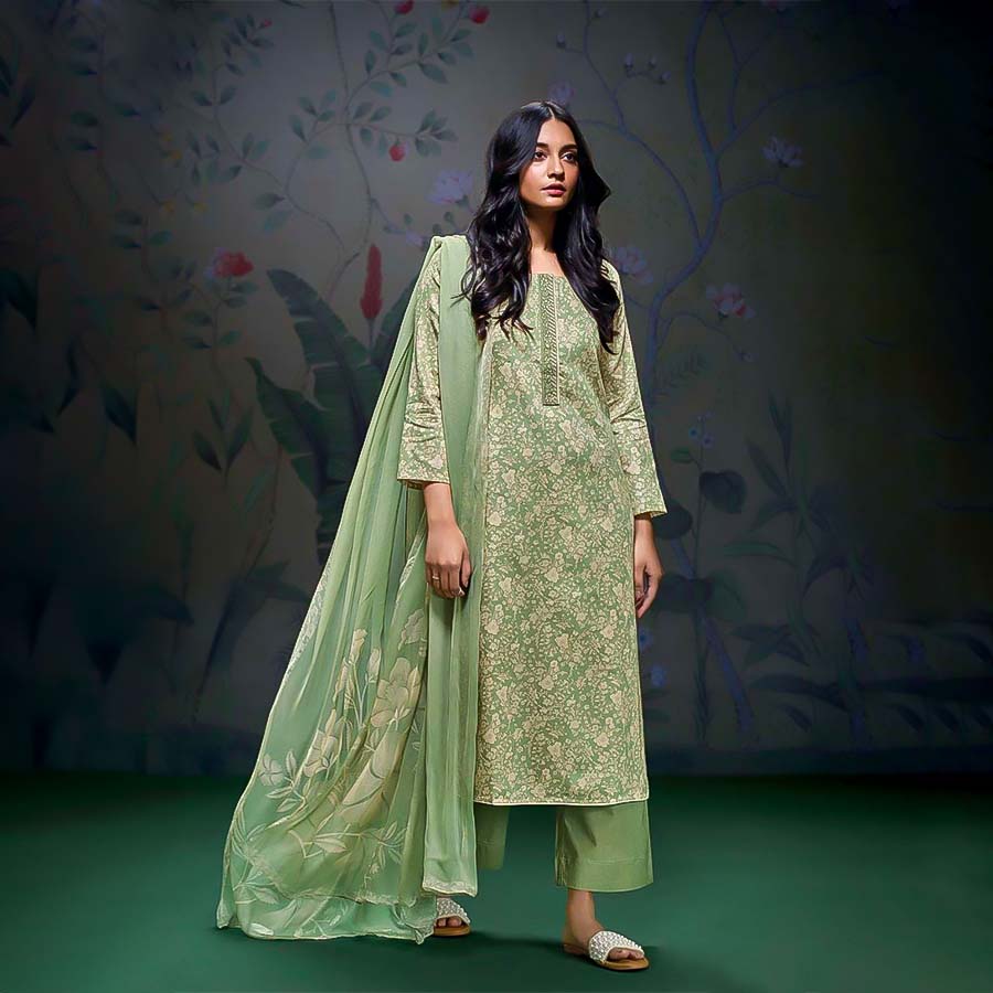 Green Cotton Printed Suit