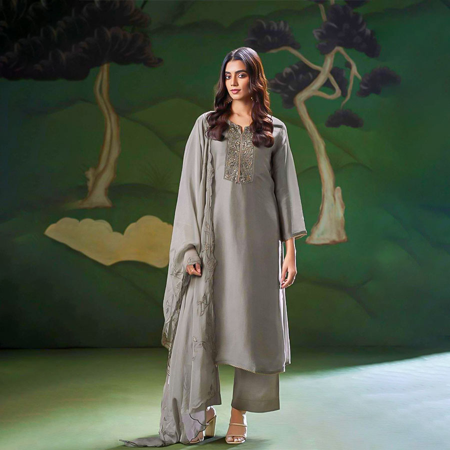 Grey  Bemberg Silk Designer Salwar Kameez