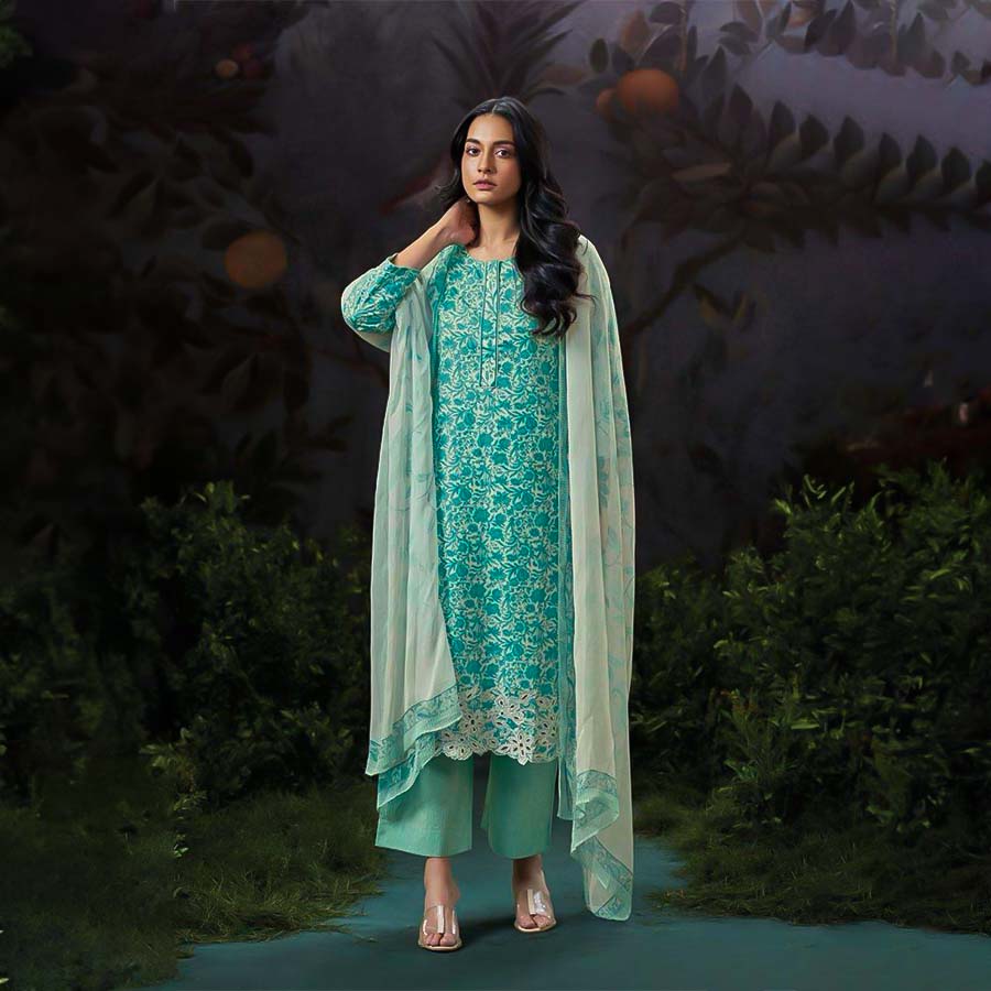 Cyan Cotton Party Wear Salwar Kameez