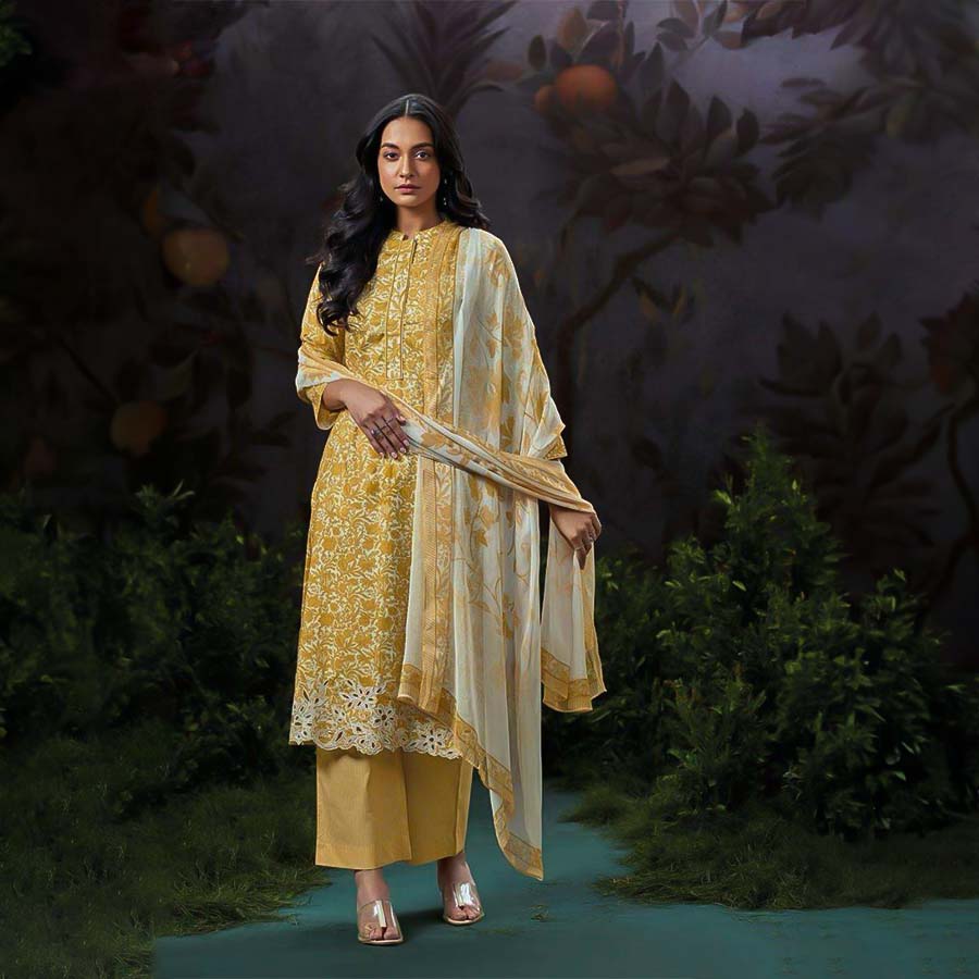 Yellow Cotton Party Wear Salwar Kameez